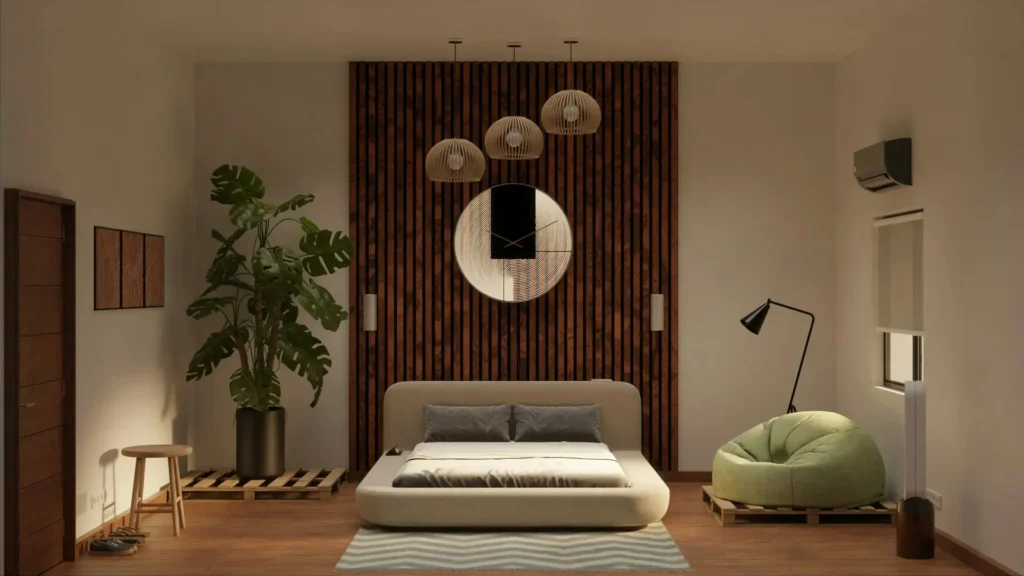 living room showcasing Japandi decor minimal lighting with a large, delicate paper pendant light at the top of the bed